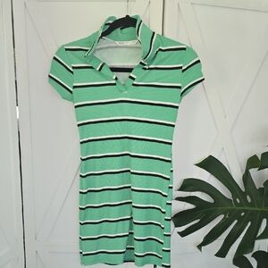 Green and White Fitted Polo Dress with Short Sleeves